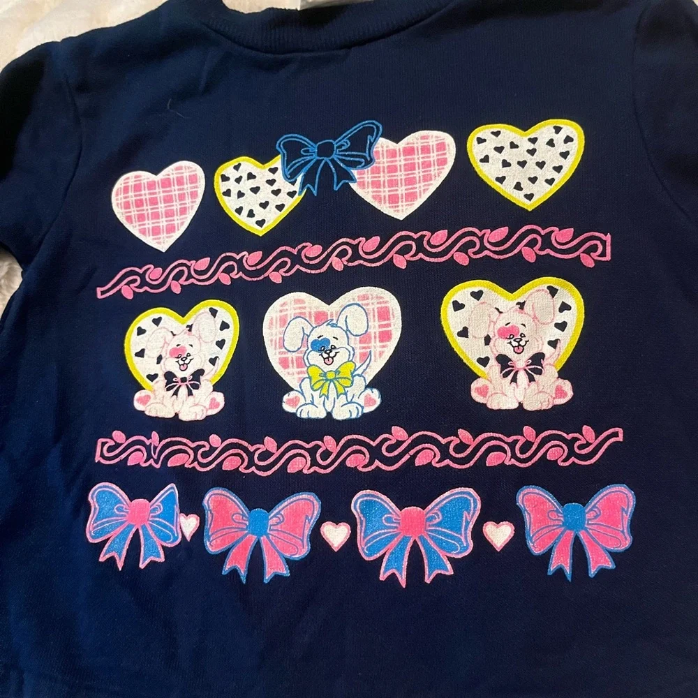 Vintage 80s Wee Works 3T Navy Blue Neon Puppy Heart Graphic Print Fall Tee